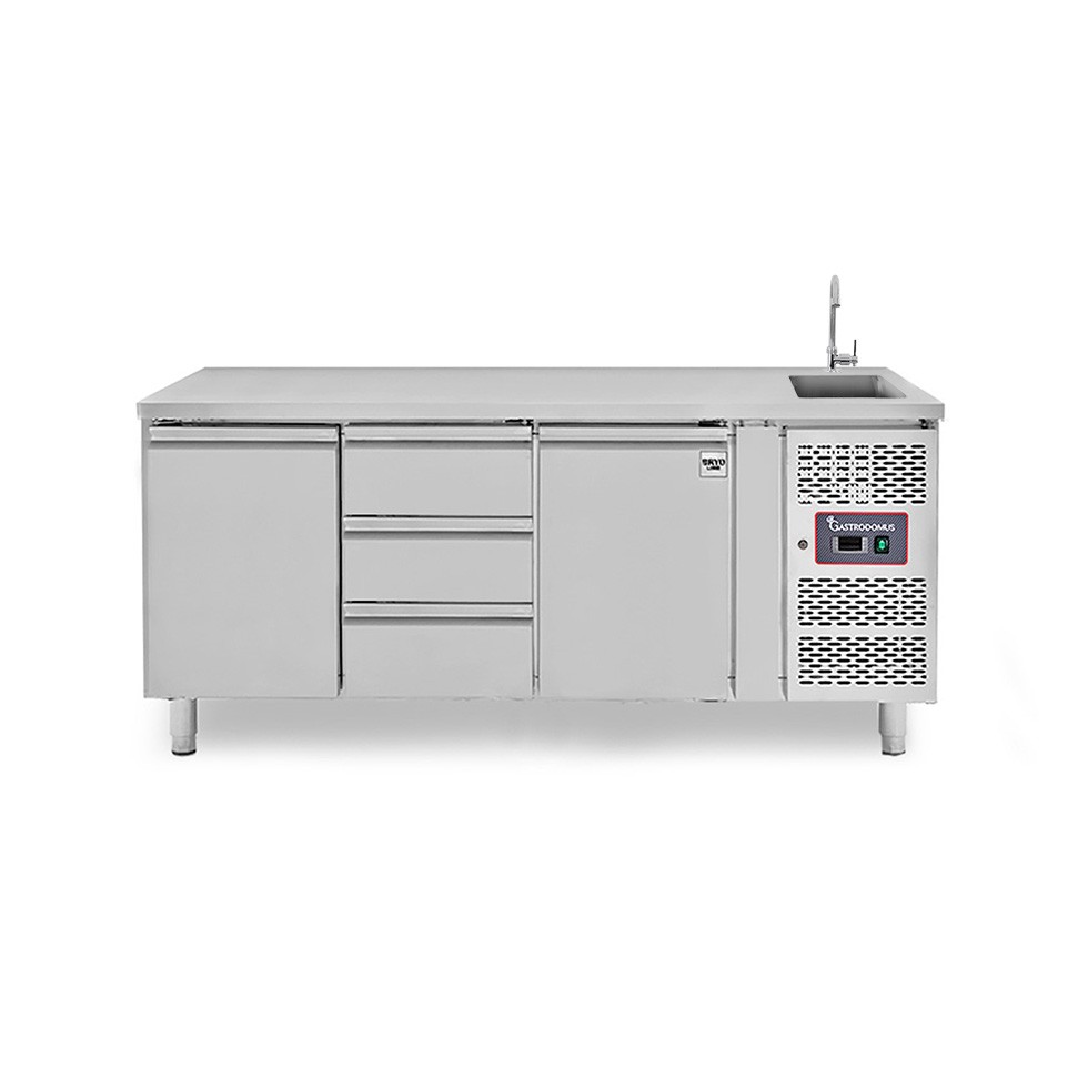Mesa refrigerada 3 cajones 2 puertas con fregadero, Prof. 700 mm, Temp. +2ºC/8ºC, grifo incluido