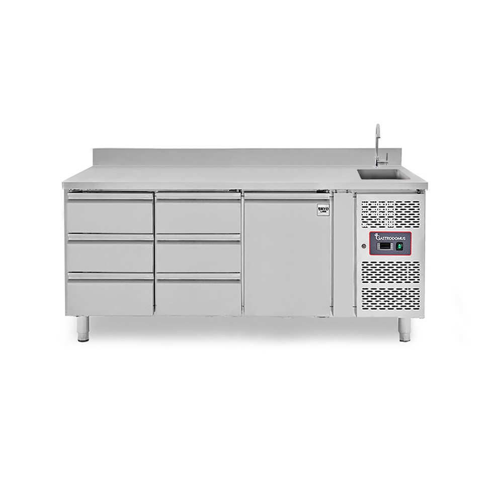 Mesa refrigerada con fregadero con 6 cajones, 1 puerta y peto, profundidad 700 mm, temp. +2°C/+8°C, con grifo