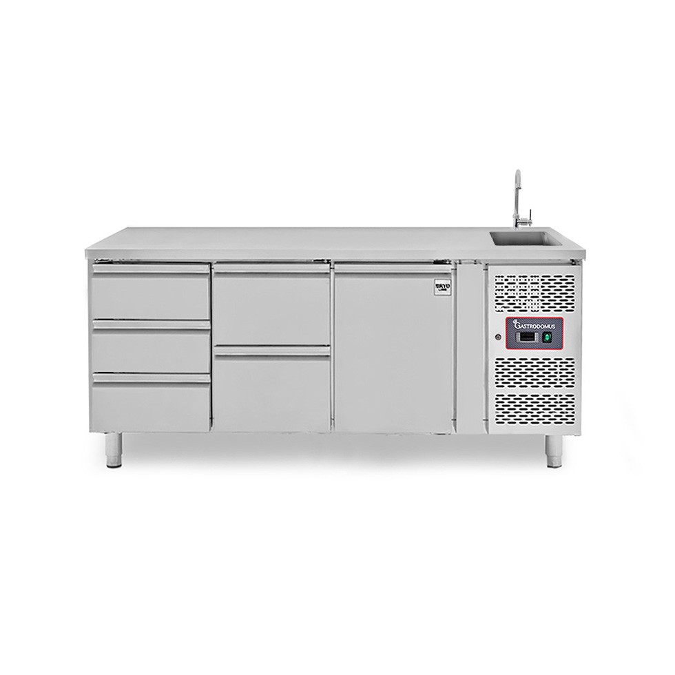 Mesa refrigerada 5 cajones 1 puerta con fregadero, Prof. 700 mm , Temp. +2°C/+8°C, grifo incluido