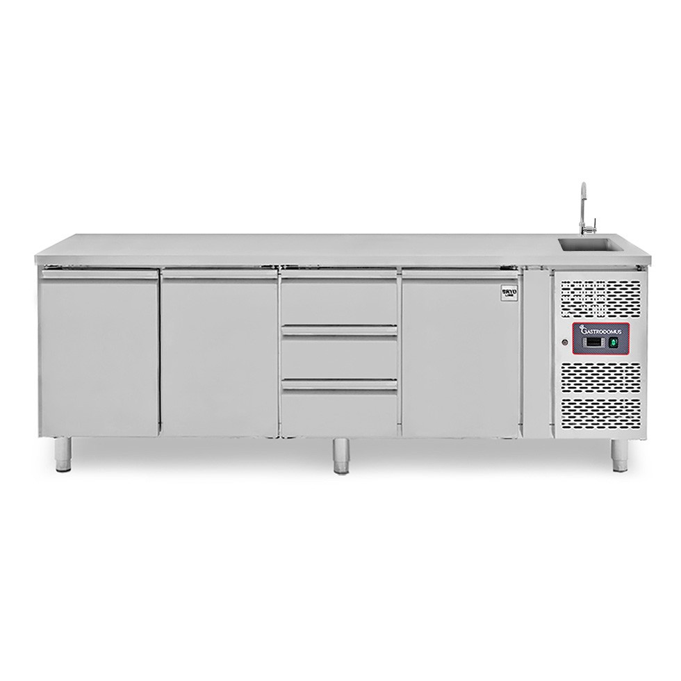 Mesa refrigerada 3 cajones 3 puertas con fregadero, Prof.700 mm , Temp. +2ºC/+8ºC, grifo incluido