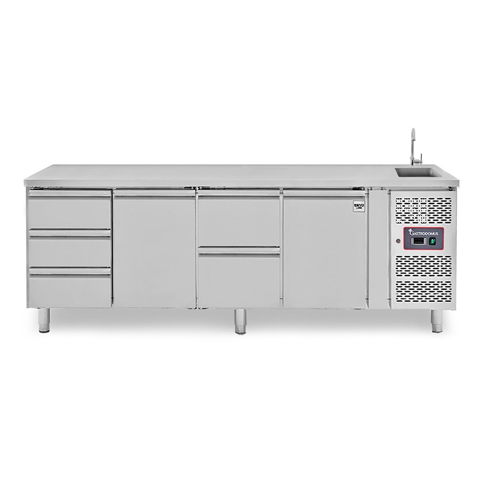 Mesa refrigerada 5 cajones 2 puertas con freagdero, Prof. 700 mm, Temp. +2ºC/+8ºC, grifo incluido
