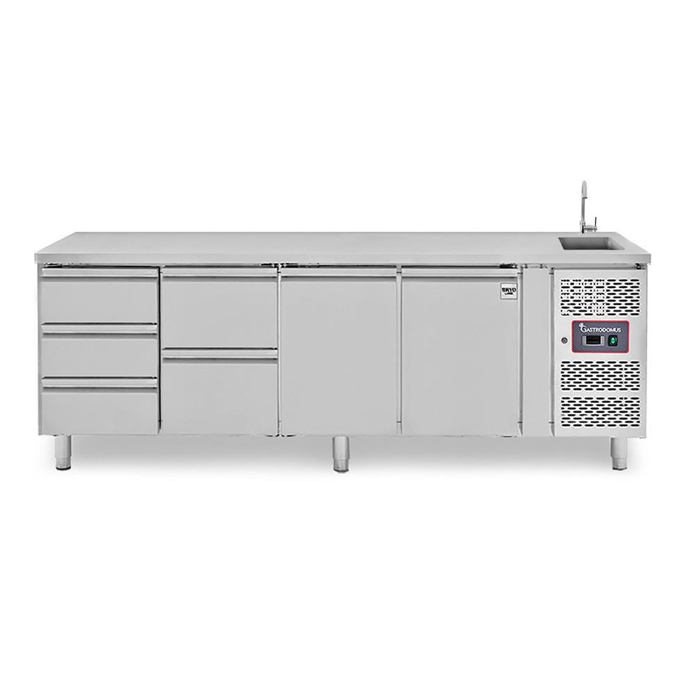Mesa refrigerada 6 cajones 2 puertas con fregadero , Prof.700 mm, Temp. +2ºC/+8ºC, grifo incluido