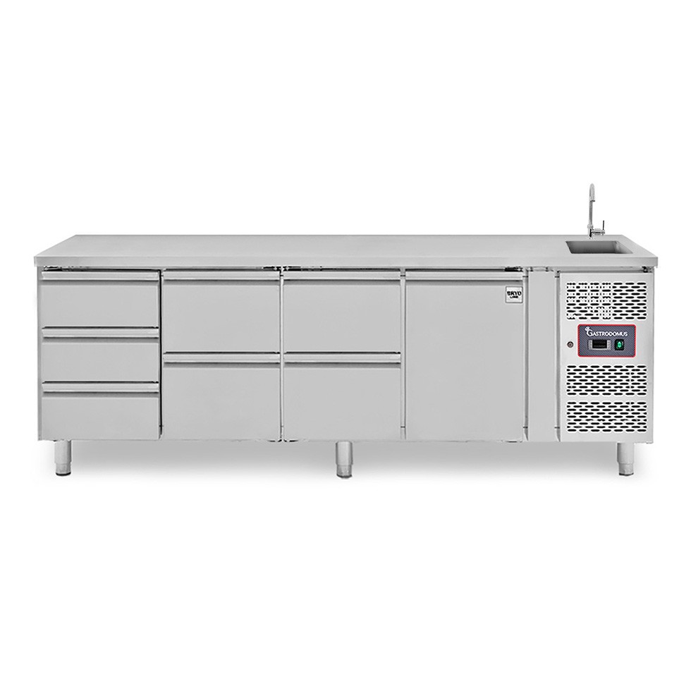 Mesa refrigerada con fregadero, 7 cajones, 1 puerta, Prof. 700 mm, temp. +2°C/+8°C - con grifo