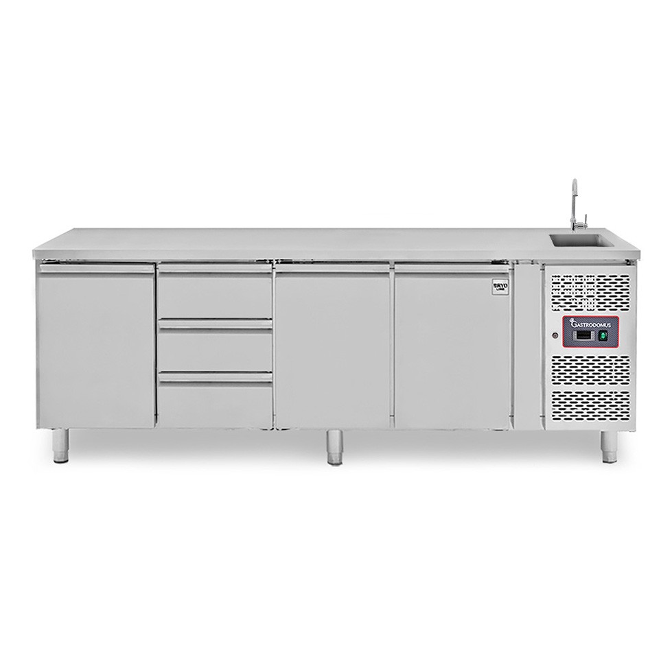 Mesa refrigerada 3 cajones 3 puertas con fregadero, Prof.700 mm , Temp. +2ºC/+8ºC, grifo incluido