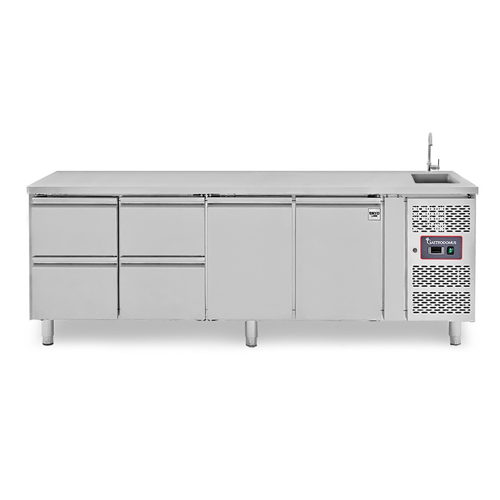 Mesa refrigerada 4 cajones 2 puertas con fregadero, Prof.700 mm, Temp.+2ºC/+8ºC, grifo incluido