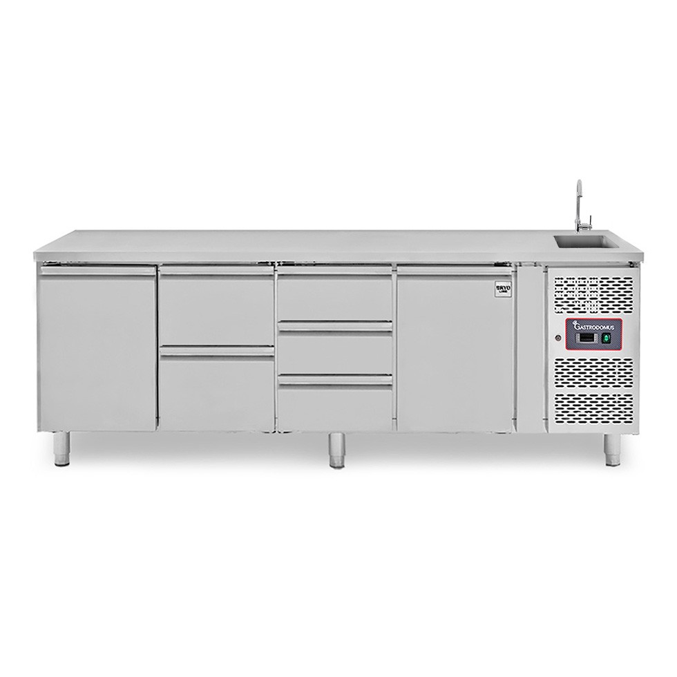 Mesa refrigerada 5 cajones 2 puertas con fregadero , Prof. 700 mm , Temp. +2ºC/+8ºC, grifo incluido
