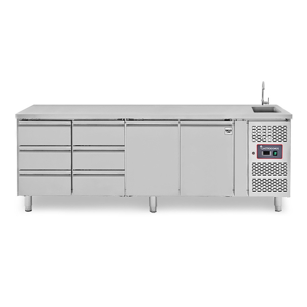 Mesa refrigerada 6 cajones 2 puertas con fregadero, Prof.700 mm, Temp. +2ºC/+8ºC, grifo incluido