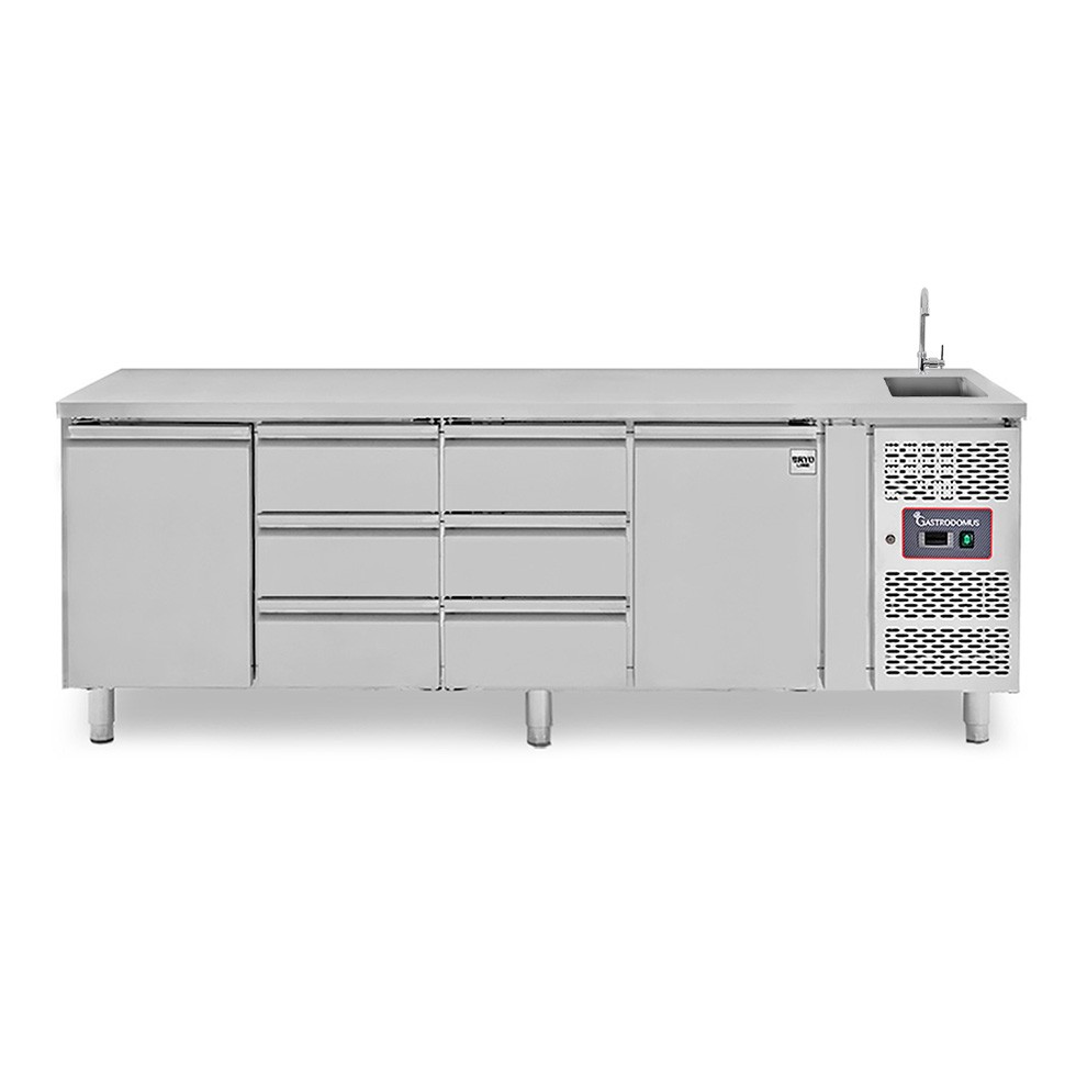 Mesa refrigerada 6 cajones 2 puertas con fregadero, Prof. 700 mm , Temp, +2ºC/+8ºC, grifo incluido