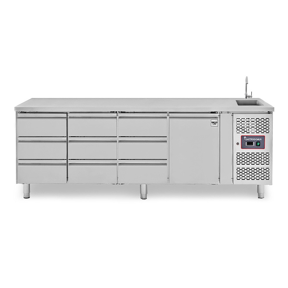 Mesa refrigerada con fregadero, 9 cajones y 1 puerta, profundidad 700 mm, temperatura +2 °C/+8 °C, con grifo incluido