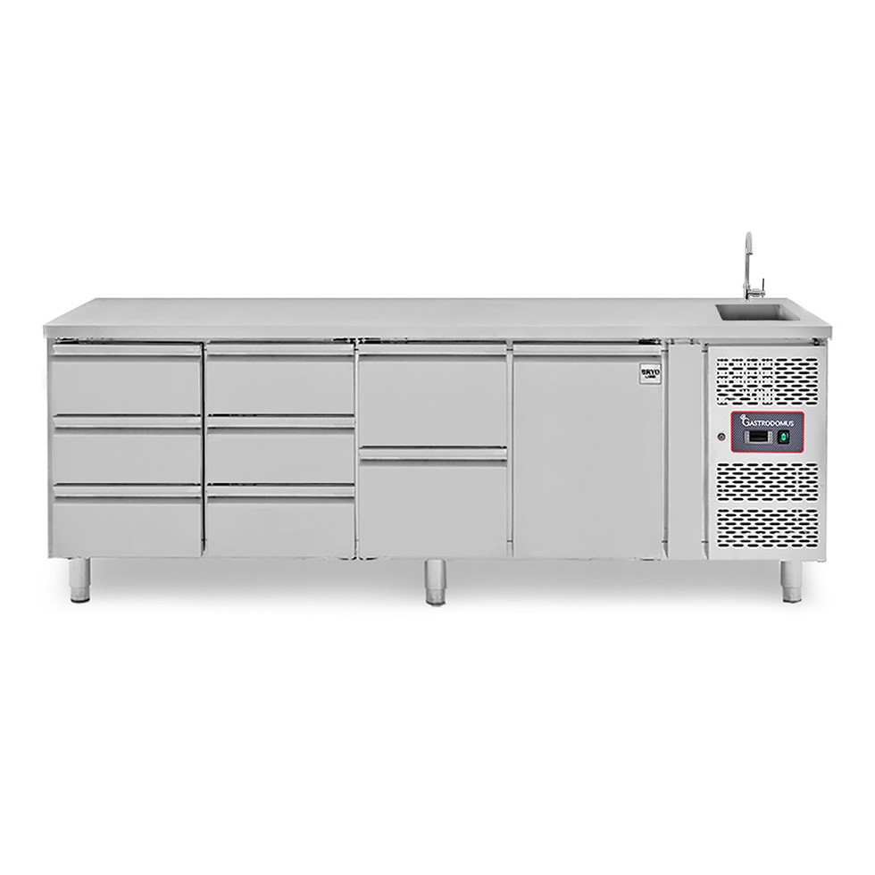 Mesa refrigerada con fregadero con 7 cajones y 1 puerta, prof. 700 mm, temperatura +2°C/+8°C, grifo Ø 25 mm