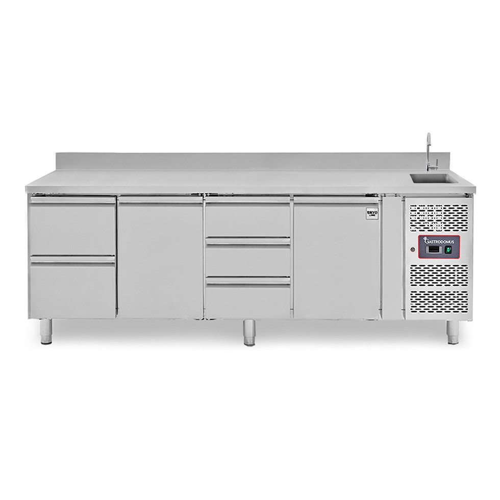 Mesa refrigerada 5 cajones 2 puertas con fregadero y peto , Prof.700 mm, Temp. +2ºC/+8ºC, grifo incluido