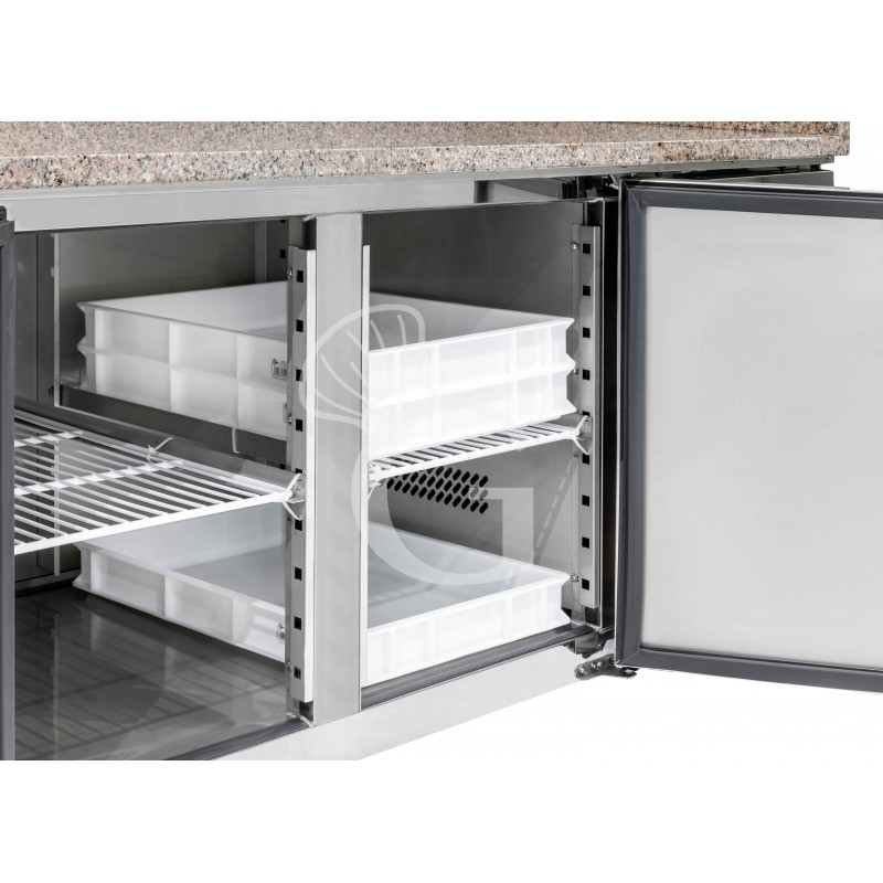 Banco de pizza refrigerado con encimera de granito, 3 puertas, vitrina para 9 cubetas GN 1/3, motor a la izquierda, 580 L