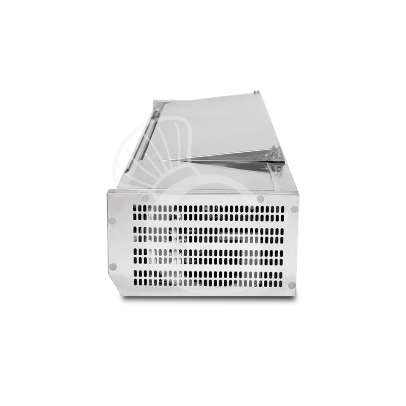 Vitrina refrigerada para pizzería con tapa de acero inoxidable, L 1400 mm, para 4 cubetas GN 1/3 + 1 cubeta GN 1/2