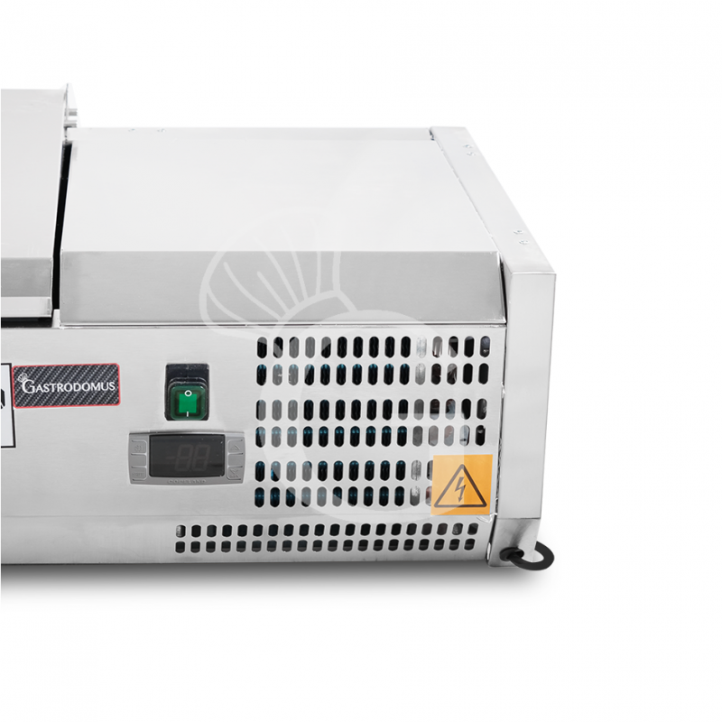 Vitrina refrigerada para pizzería con tapa de acero inoxidable, L 1400 mm, para 4 cubetas GN 1/3 + 1 cubeta GN 1/2