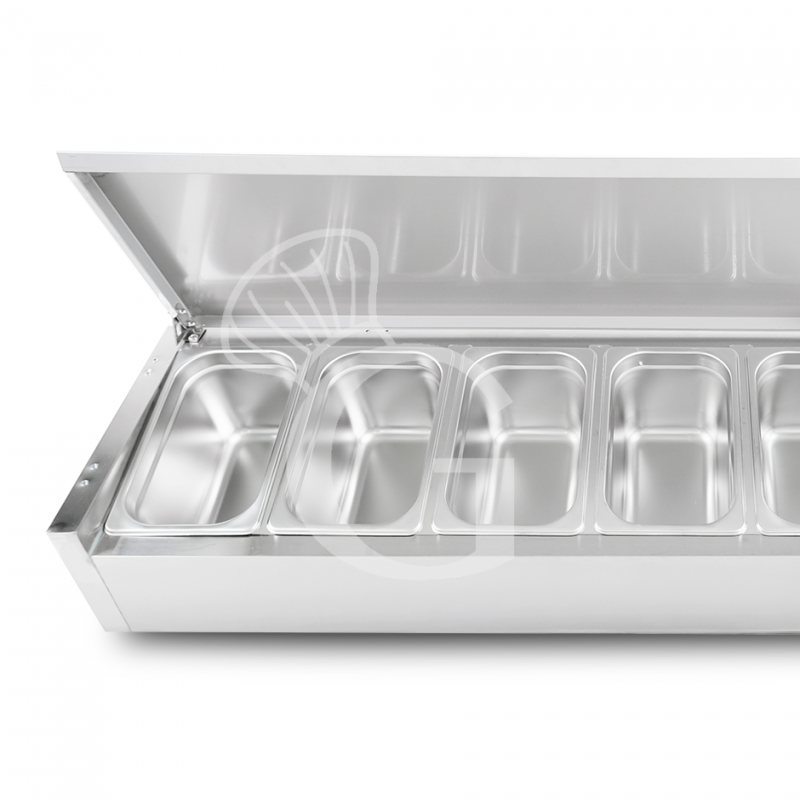 Vitrina refrigerada para pizzería con tapa de acero inoxidable, L 1400 mm, para 4 cubetas GN 1/3 + 1 cubeta GN 1/2