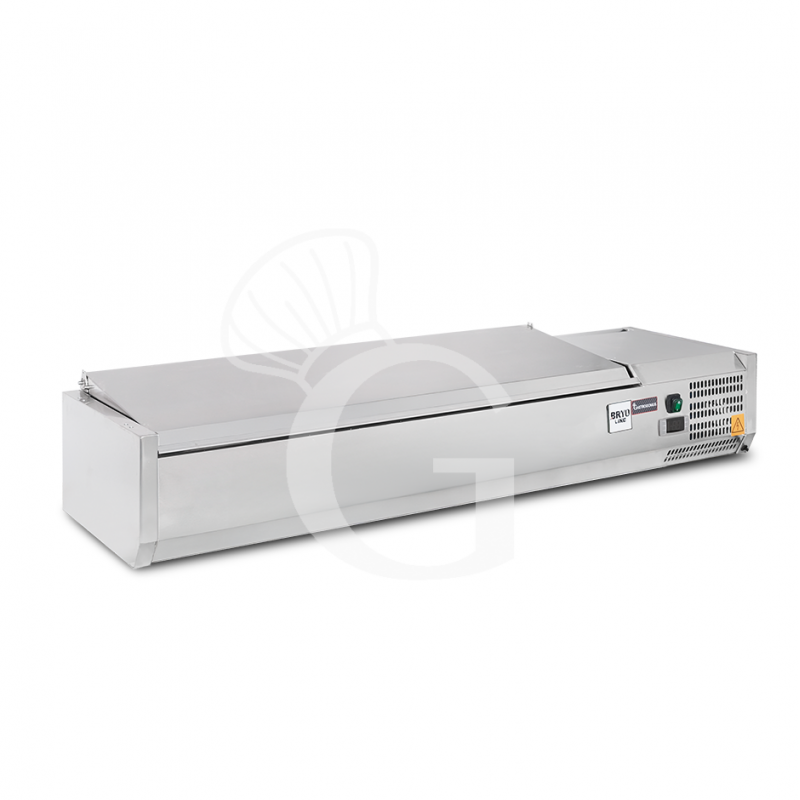 Vitrina refrigerada para pizzería con tapa de acero inoxidable, L 1400 mm, para 4 cubetas GN 1/3 + 1 cubeta GN 1/2