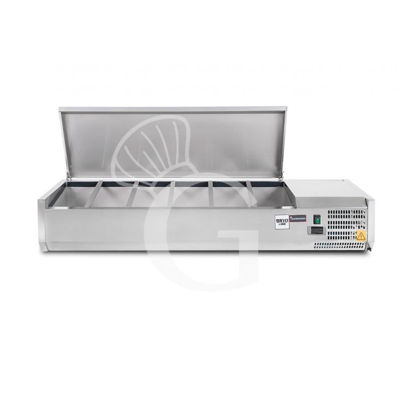 Vitrina refrigerada para pizzería con tapa de acero inoxidable, L 1400 mm, para 4 cubetas GN 1/3 + 1 cubeta GN 1/2