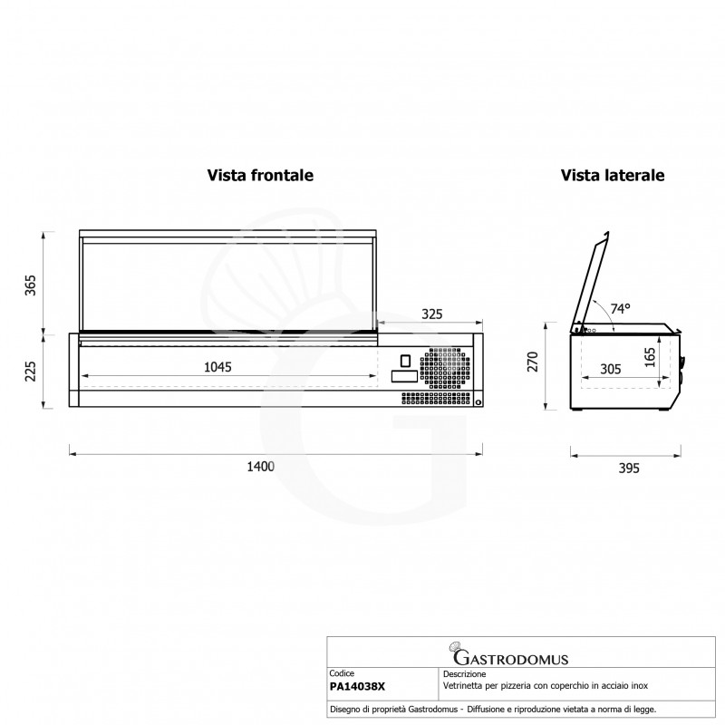 Vitrina refrigerada para pizzería con tapa de acero inoxidable, L 1400 mm, para 4 cubetas GN 1/3 + 1 cubeta GN 1/2