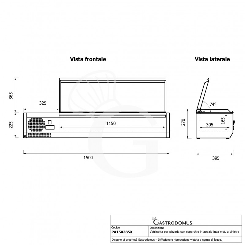 Vitrina refrigerada con motor a la izquierda y tapa de acero inoxidable L 1500 mm para 5 cubetas GN1/3 + 1 cubeta GN1/2
