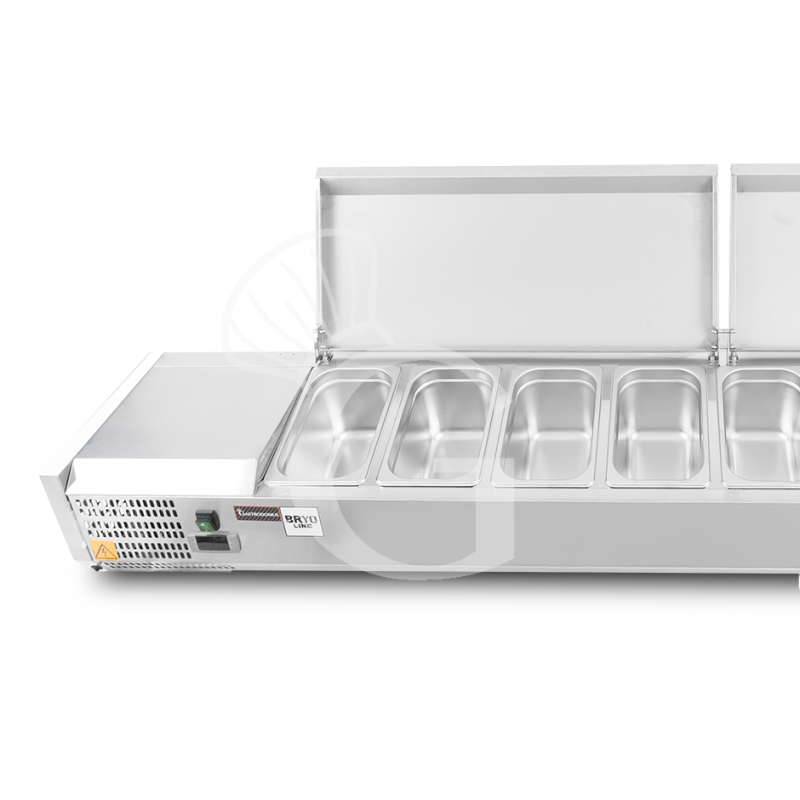Vitrina refrigerada con motor a la izquierda y tapa de acero inoxidable L 1800 mm para 8 cubetas GN1/3