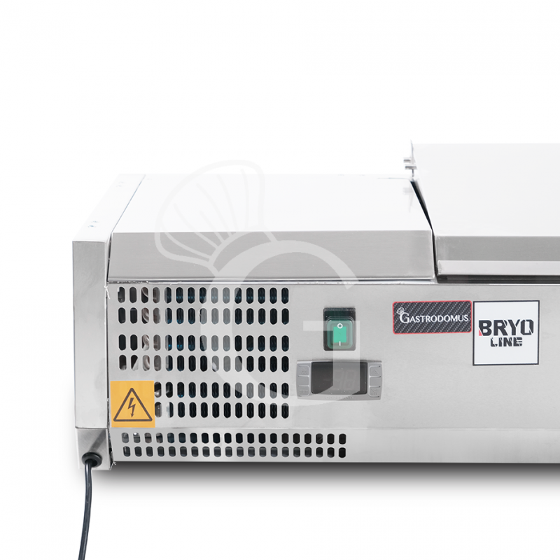 Vitrina refrigerada con motor a la izquierda y tapa de acero inoxidable L 1800 mm para 8 cubetas GN1/3