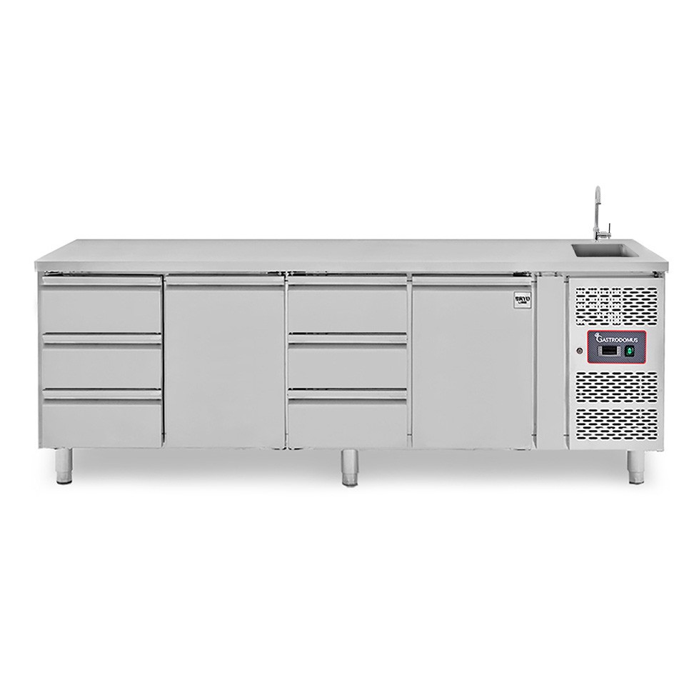 Mesa refrigerada 6 cajones 2 puertas con fregadero, Prof. 700 mm, Temp.+2º1C/+8ºC, grifo incluido