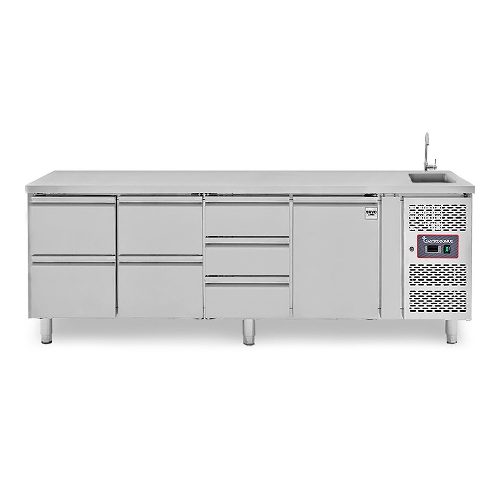 Mesa refrigerada con fregadero 7 cajones, 1 puerta, Prof. 700 mm, temp. +2°C/+8°C, con grifo.