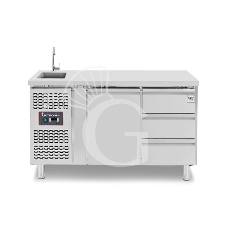 Mesa refrigerada con 3 cajones y 1 puerta con fregadero, motor a la izquierda, P 700 mm, +2 °C / +8 °C, completa con grifo