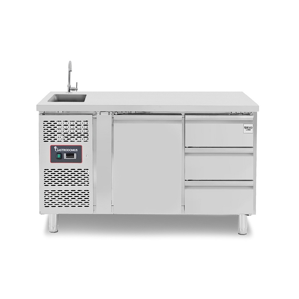 Mesa refrigerada con 3 cajones y 1 puerta con fregadero, motor a la izquierda, P 700 mm, +2 °C / +8 °C, completa con grifo