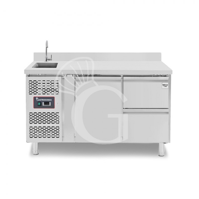 Mesa refrigerada 2 cajones 1 puerta con fregadero y peto, motor lado izquierdo Prof. 700 mm, Temp, +2ºC/+8ºC, grifo incluido