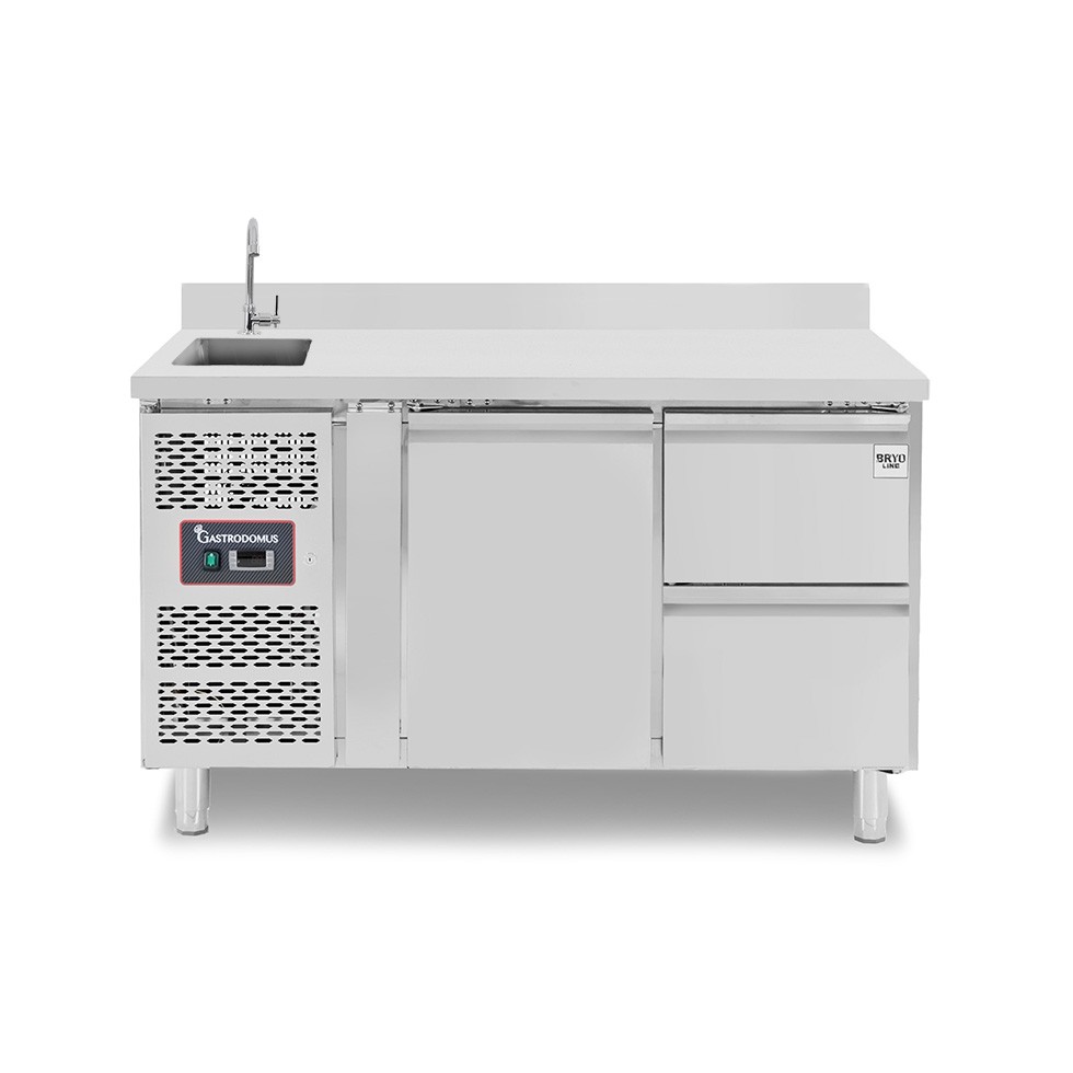 Mesa refrigerada 2 cajones 1 puerta con fregadero y peto, motor lado izquierdo Prof. 700 mm, Temp, +2ºC/+8ºC, grifo incluido