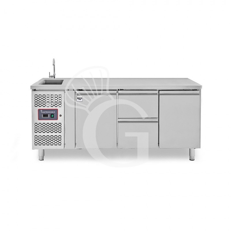 Mesa refrigerada con 2 cajones centrales, 2 puertas, fregadero y grifo, motor a la izquierda, P 700 mm, +2 °C / +8 °C