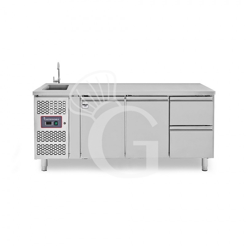 Mesa armariada refrigerada con 2 cajones a la derecha, 2 puertas, fregadero y grifo, motor a la izquierda, P 700 mm,+2°C/+8°C