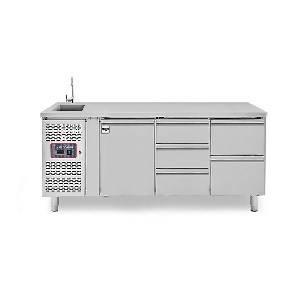 Mesa fregadero armariada refrigerada con 5 cajones y 1 puerta, motor a la izquierda, P 700 mm, +2°C/+8°C, con grifo