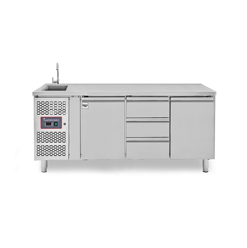 Mesa fregadero refrigerada con 3 cajones centrales, 2 puertas, fregadero, grifo, motor a la izquierda, P 700 mm, +2°C/+8°C