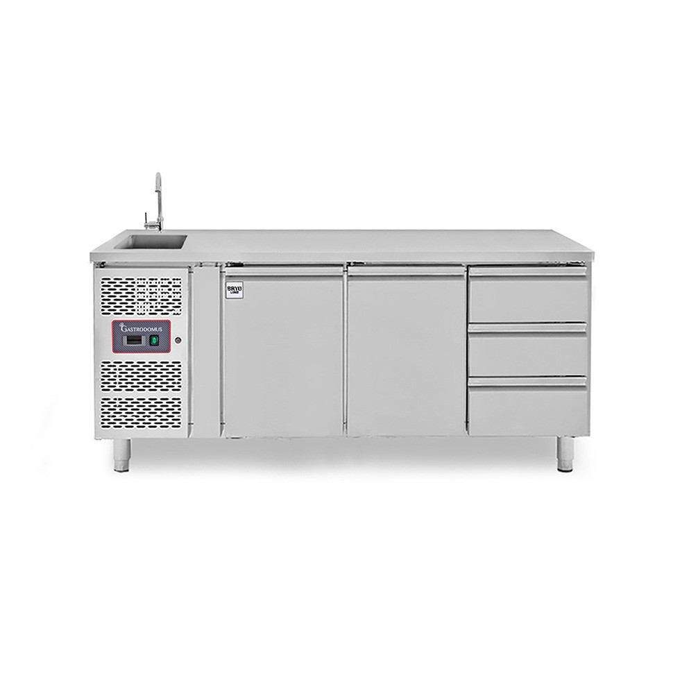 Mesa fregadero armariada refrigerada con 3 cajones a la derecha, 2 puertas, fregadero, motor a la izquierda, P 700 mm, +2°C/+8°C