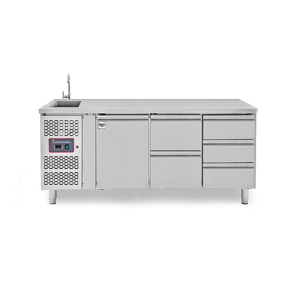 Mesa refrigerada con 5 cajones y 1 puerta con fregadero, motor a la izquierda, P 700 mm, +2°C/+8°C, con grifo