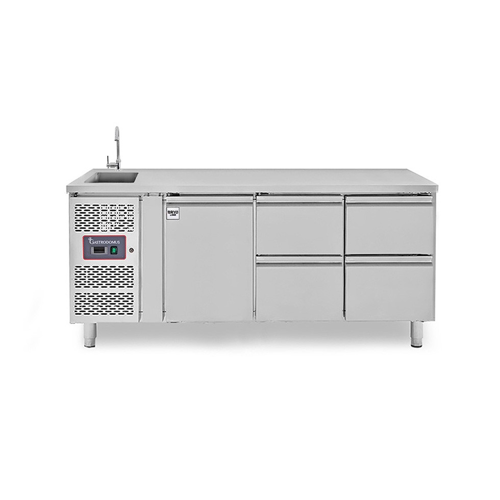 Mesa refrigerada con 4 cajones y 1 puerta con fregadero, motor a la izquierda, P 700 mm, +2°C/+8°C, con grifo