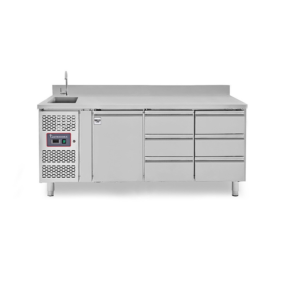 Mesa armariada refrigerada con 6 cajones a la derecha y 1 puerta, fregadero y grifo, motor a la izquierda, P 700 mm, +2°C/+8°C