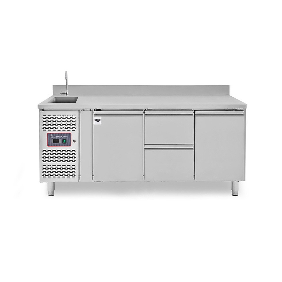 Mesa refrigerada 2 cajones 2 puertas con fregadero y peto , motor lado izquierdo Prof.700 mm, Temp. +2ºC/+8ºC, grifo incluido