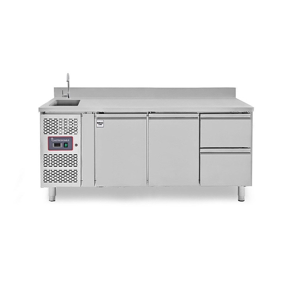 Mesa refrigerada 2 cajones 2 puertas con fregadero y peto, motor lado izquierdo Prof. 700 mm, Temp. +2ºC/+8ºC, grifo incluido