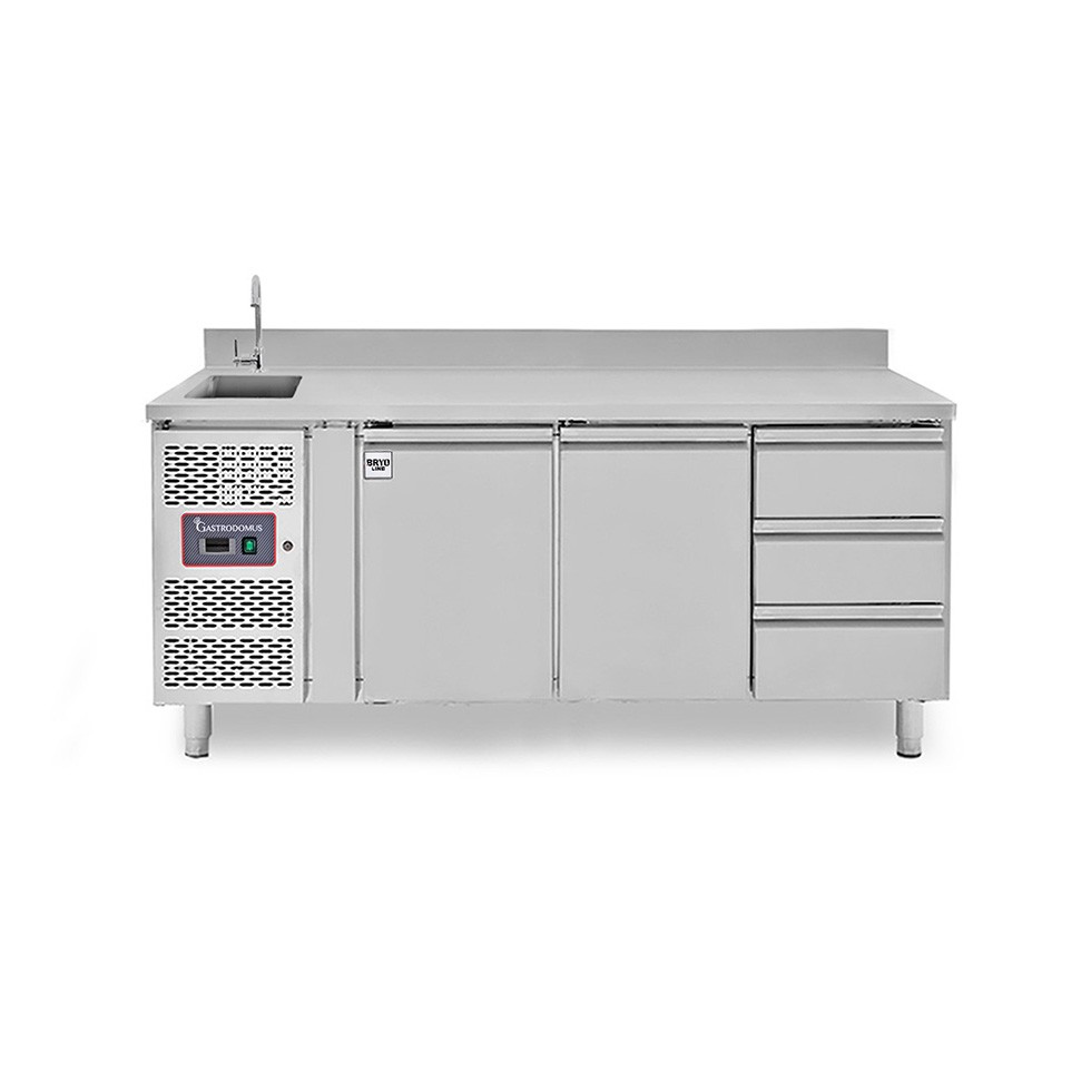 Mesa refrigerada 3 cajones 2 puertas con fregadero y peto , motor lado izquierdo Prof. 700 mm, Temp. +2ºC/+8ºC, grifo incluido