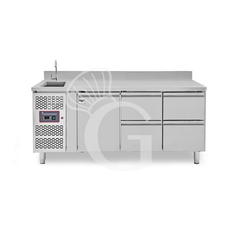 Mesa refrigerada 4 cajones 1 puerta con fregadero y peto, motor lado izquierdo Prof. 700 mm, Temp. +2ºC/+8ºC, grifo incluido