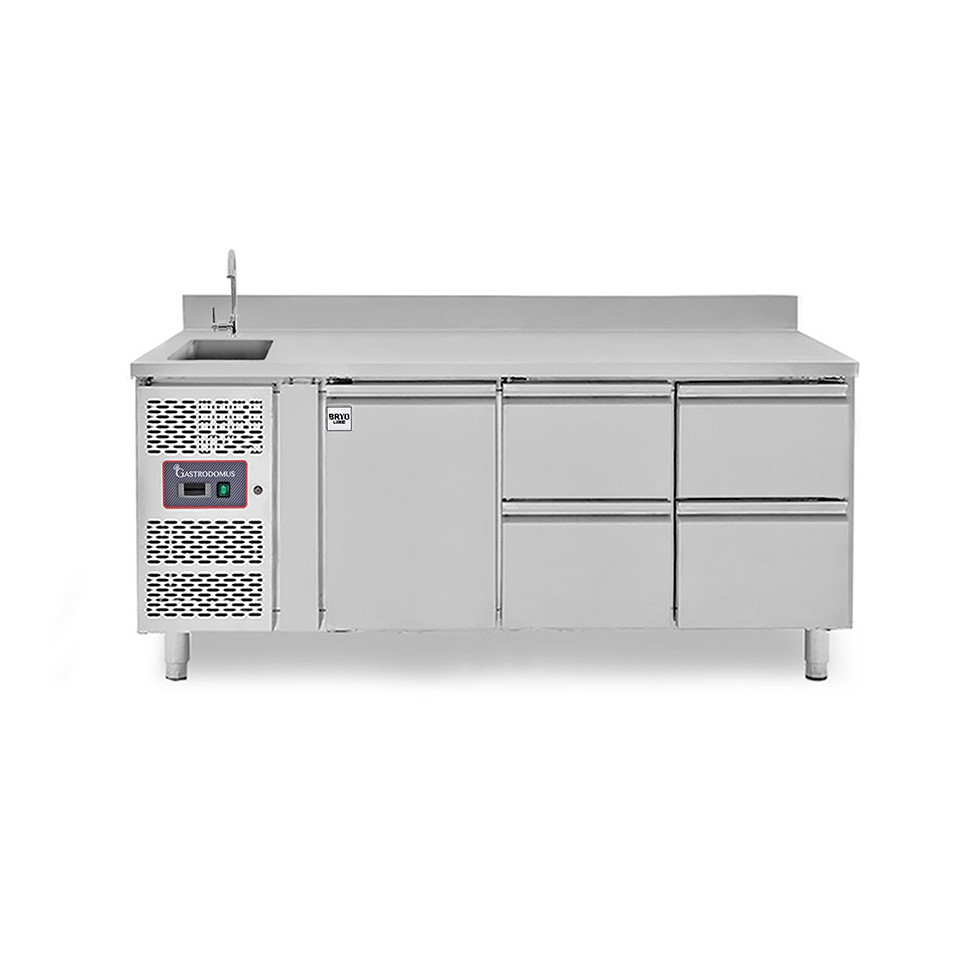 Mesa refrigerada 4 cajones 1 puerta con fregadero y peto, motor lado izquierdo Prof. 700 mm, Temp. +2ºC/+8ºC, grifo incluido