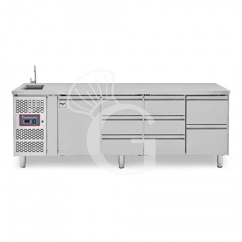 Mesa refrigerada con fregadero - 8 cajones 1 puerta, motor a la izquierda, Prof. 700 mm, temp. +2°C/+8°C, con grifo