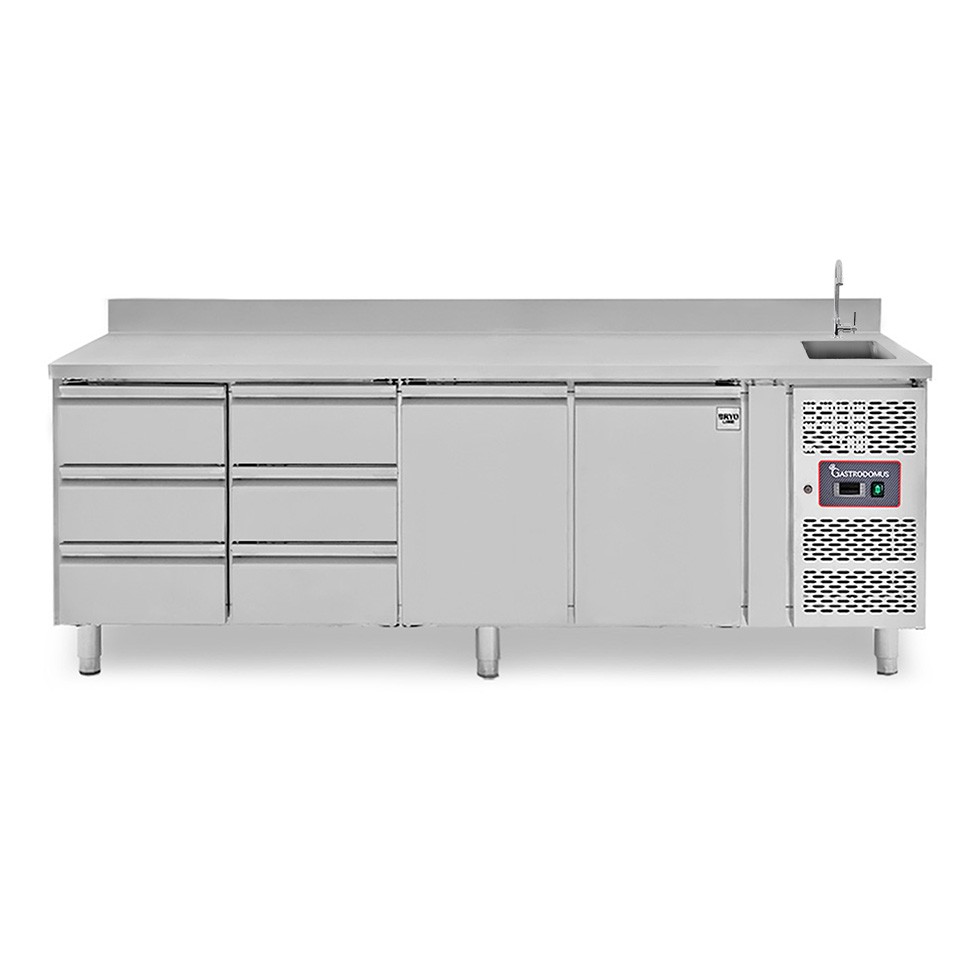 Mesa refrigerada 6 cajones 2 puertas con fregadero y peto , Prof.700 mm, Temp. +2ºC/+8ºC, grifo incluido