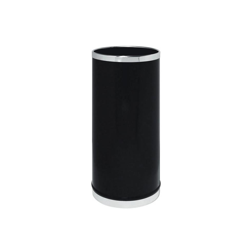 Paragüero redondo de metal lacado negro con acabado en acero inoxidable