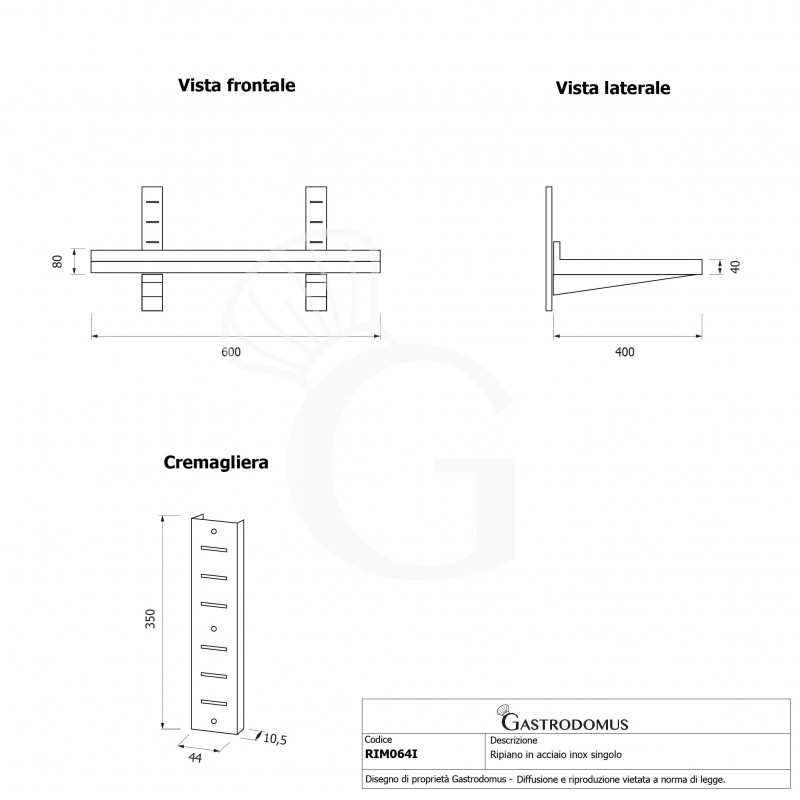 Estante de pared de acero inoxidable, L 600 mm x P 400 mm x A 350 mm