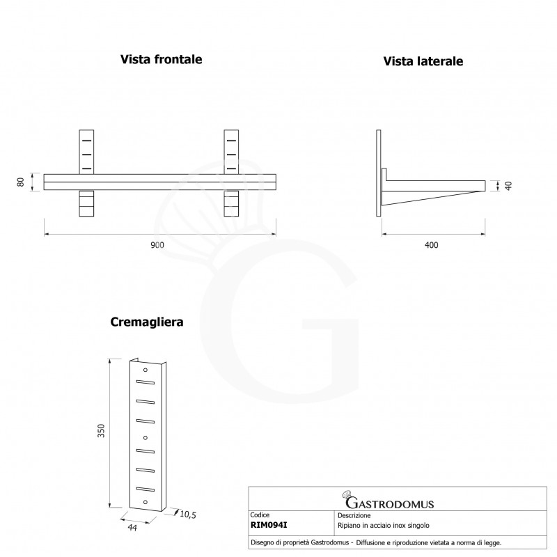 Estante de pared de acero inoxidable L 900 mm x P 400 mm x A 350 mm
