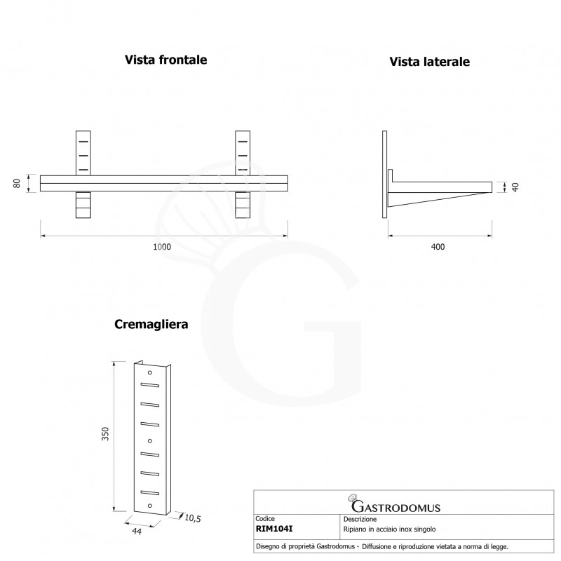 Estante de pared de acero inoxidable L 1000 mm x P 400 mm x A 350 mm